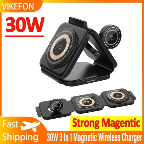 3-in-1 Magnetic Wireless Charging Station - 30W Fast Charging Pad and Foldable Stand for iPhone 16-12 and Apple Watch Series 8-7