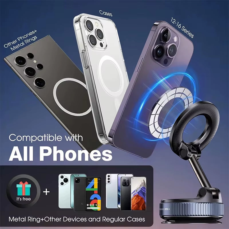 Premium Magnetic Car Phone Holder with Foldable MagSafe Design - 360° Adjustable Vacuum Mount for Versatile Use in Car, Desk, and Bathroom