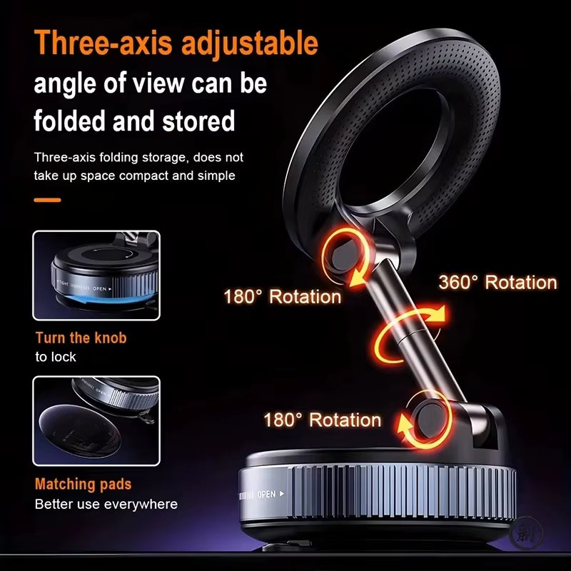 Premium Magnetic Car Phone Holder with Foldable MagSafe Design - 360° Adjustable Vacuum Mount for Versatile Use in Car, Desk, and Bathroom