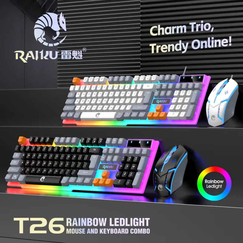 RAIKU T26 Wired Mechanical Gaming Keyboard and Mouse Set with Three-Color Luminous Design