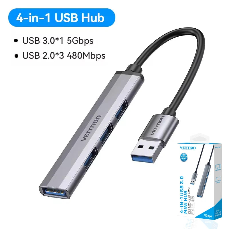 Metal Shell USB 3.0 Hub - USB-C 3.2 Gen 1 Multi-Adapter Splitter for MacBook Air, Dell, Lenovo, and Desktop PCs, 5Gbps Data Transfer
