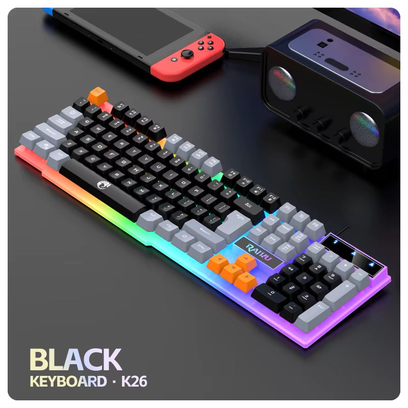 RAIKU T26 Wired Mechanical Gaming Keyboard and Mouse Set with Three-Color Luminous Design